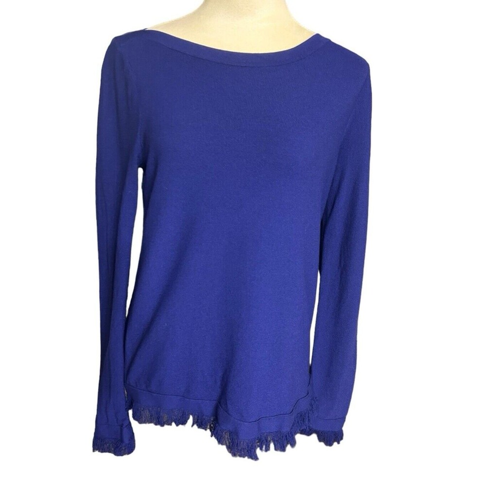 Ann Taylor Purple Knit Sweater Long Sleeve Fringe Cuff Hem Viscose Pullover M